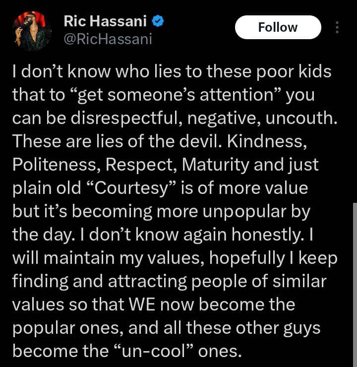 Ric Hassani bemoans 'kids' who believes being disrespectful for attention is right