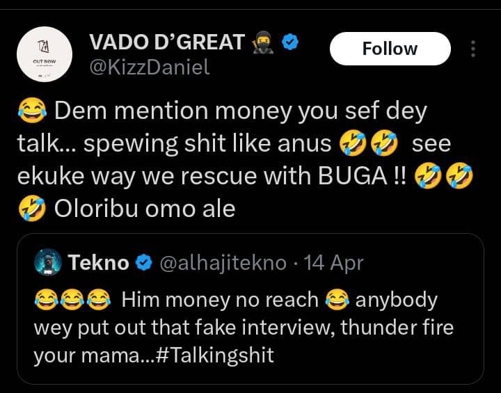 Kizz Daniel finally replies Tekno weeks after he debunked reports of alleged royalties for 'Buga'