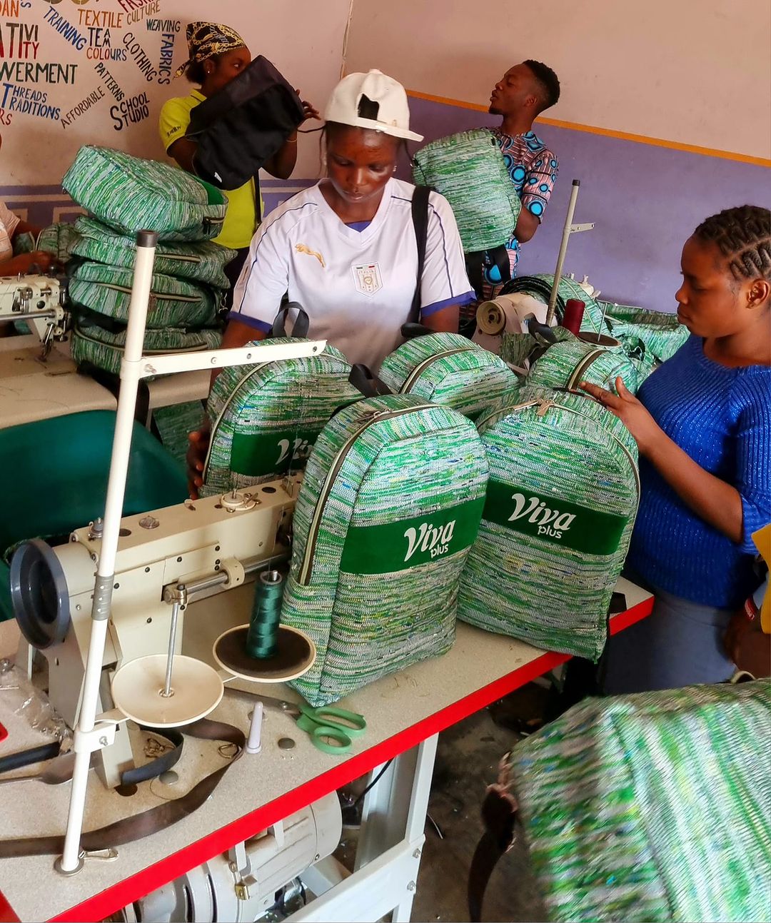 Lady applauded for making school bag out of Dangote salt sachet