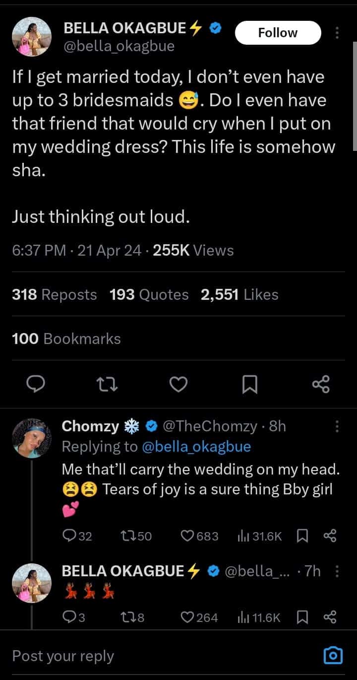 Bella Okagbue laments lack of friends as she hints at wedding