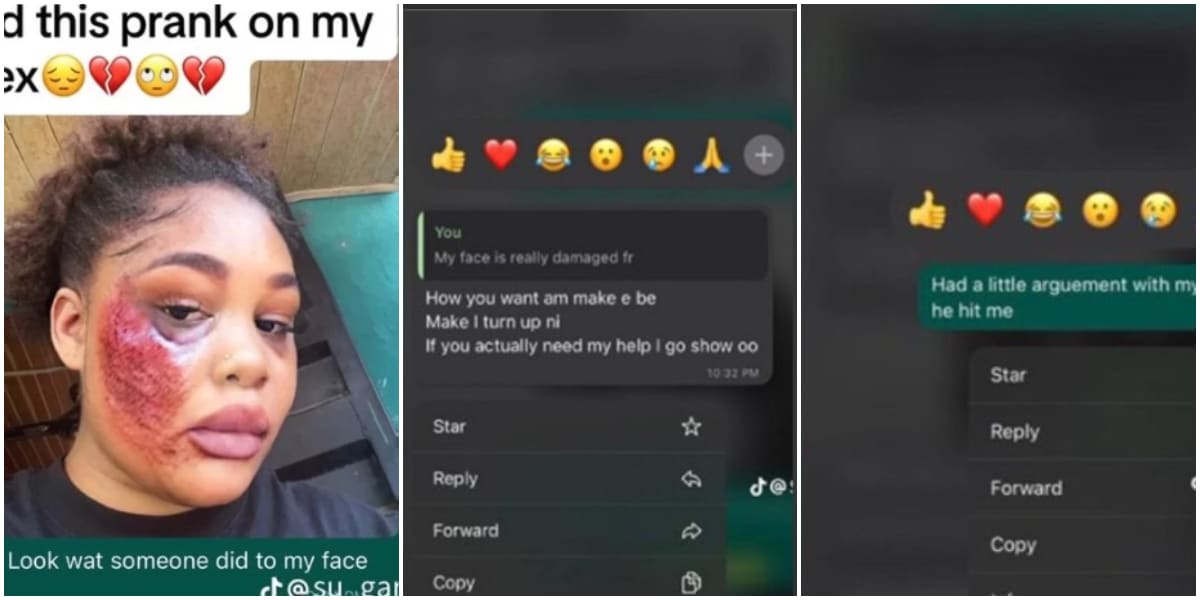 Pretty lady shares her ex's reactions after pranking him into believing her boyfriend brutalized her, it stuns many