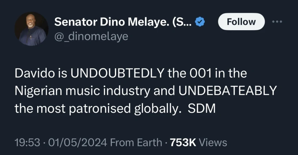 Dino Melaye drums support for Davido amidst ongoing music war