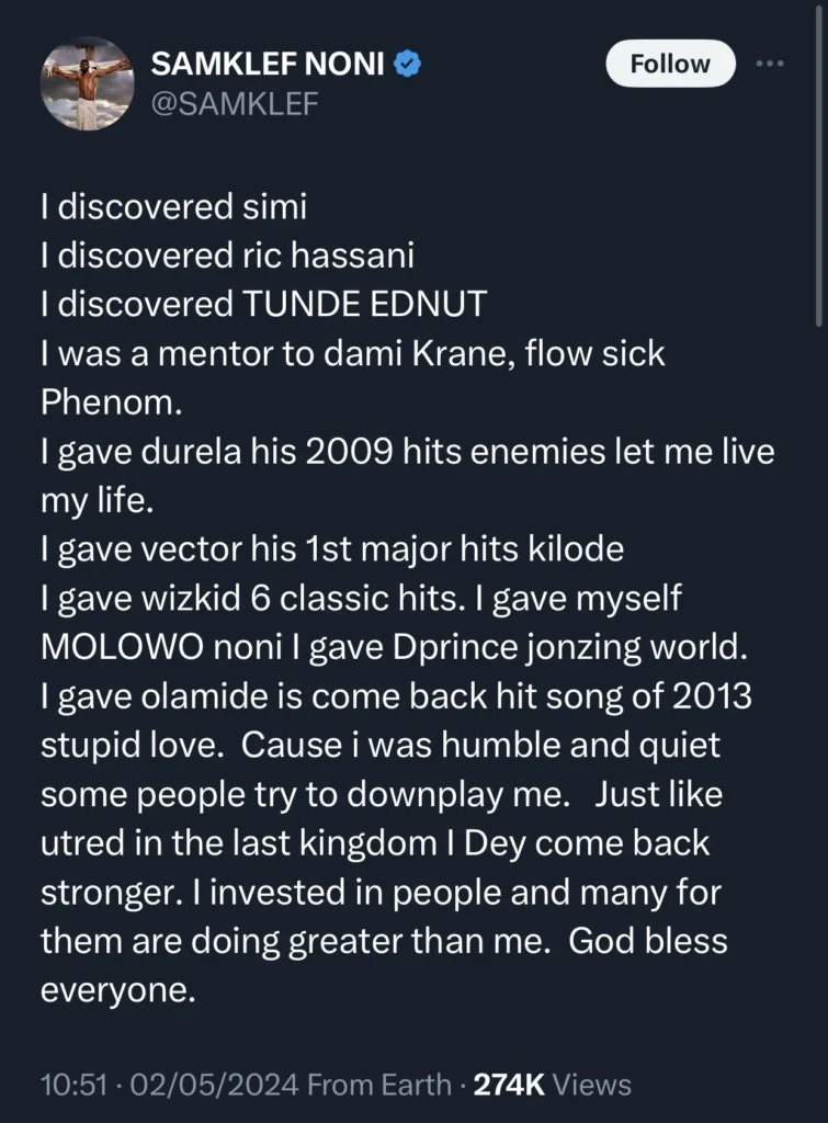 Samklef lists achievements, reveals artists he discovered