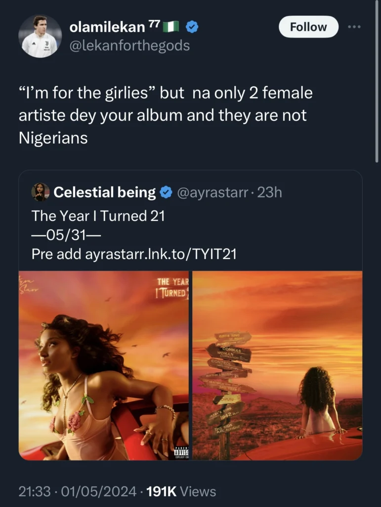 Nigerian man drags Ayra Starr for not featuring enough female artistes