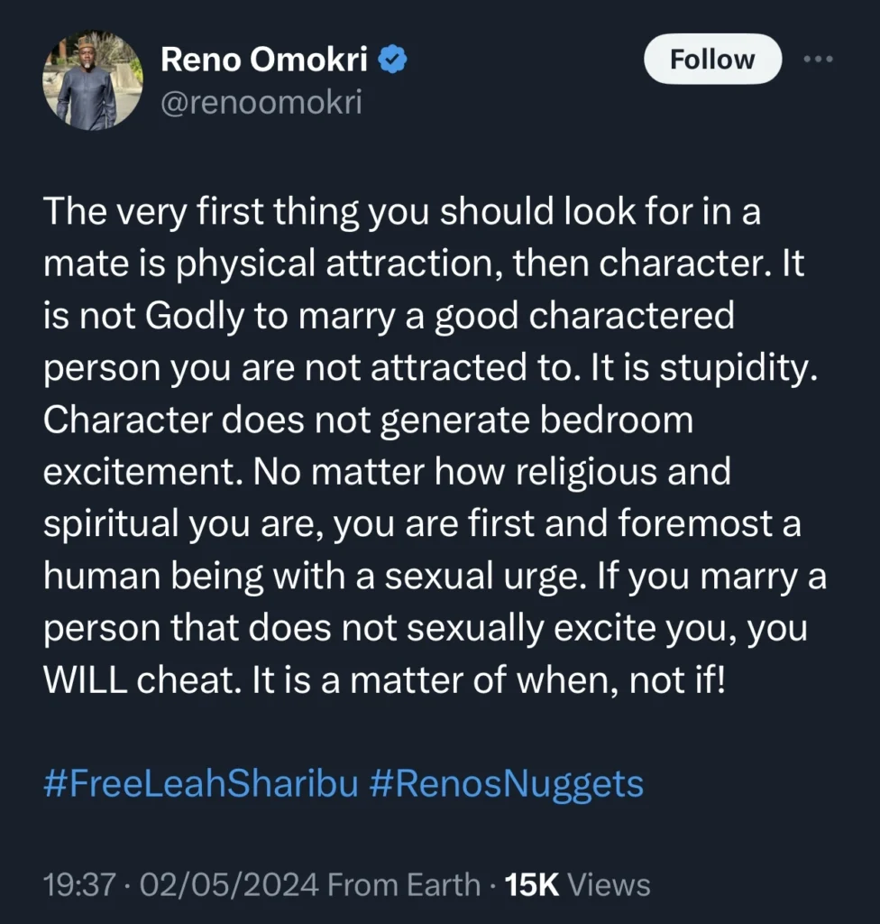 Reno Omokri warns men against marrying on the basis of only good character