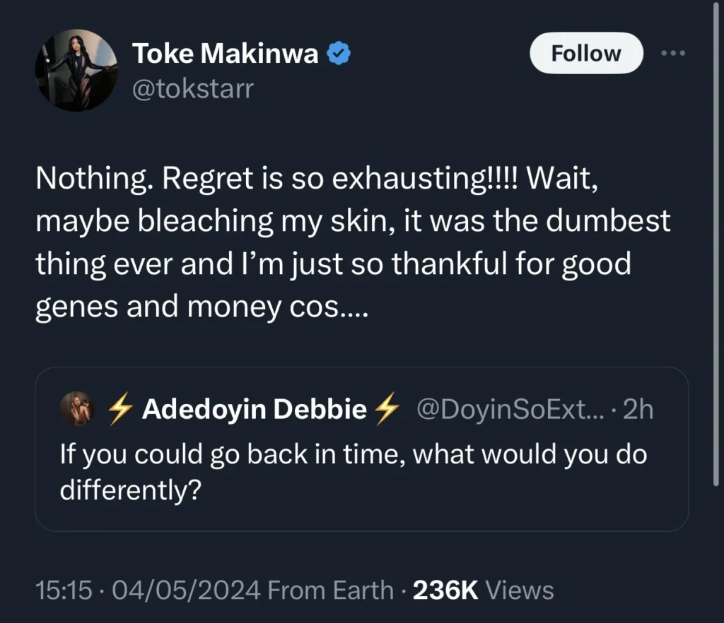 Toke Makinwa fala sobre clareamento da pele