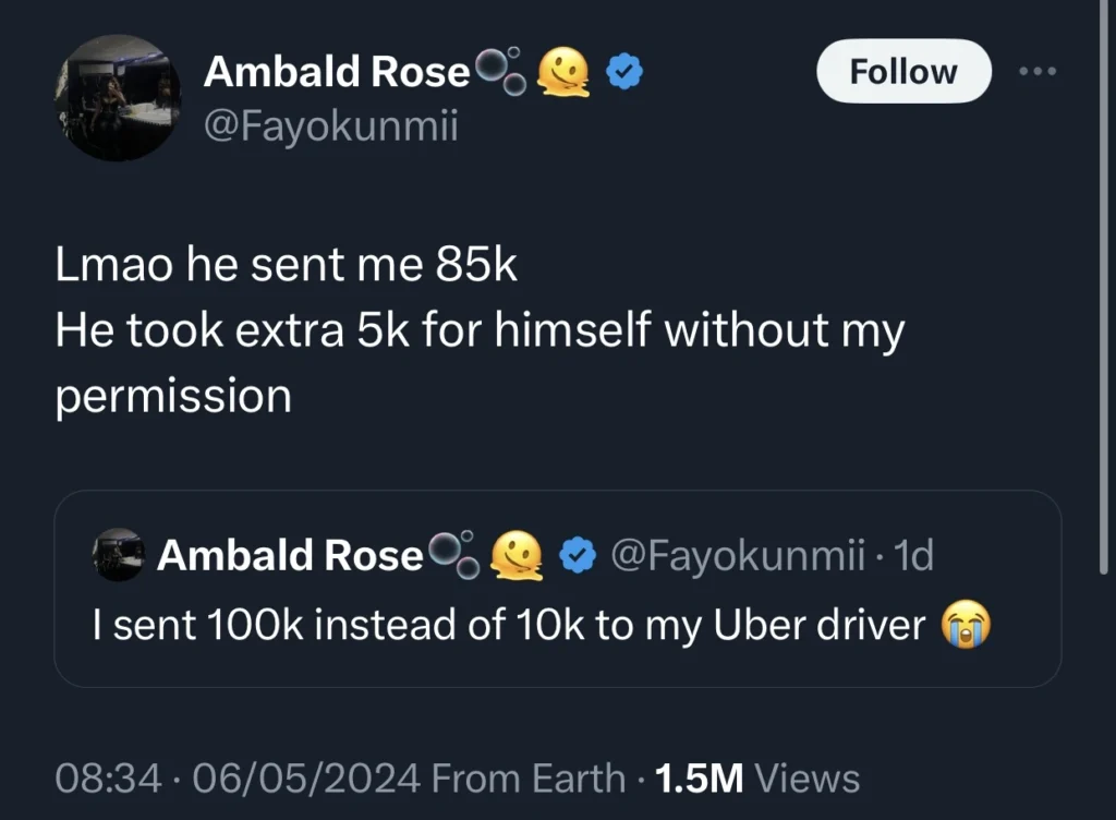 Nigerian lady in pains as she mistakenly sends Uber driver N100k