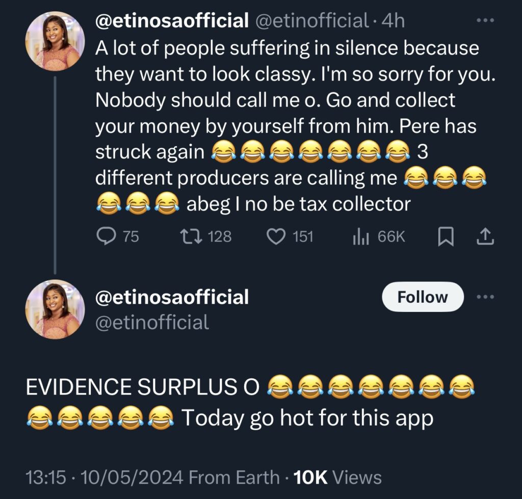 Etinosa resumes dragging Pere, claims he owes more producers