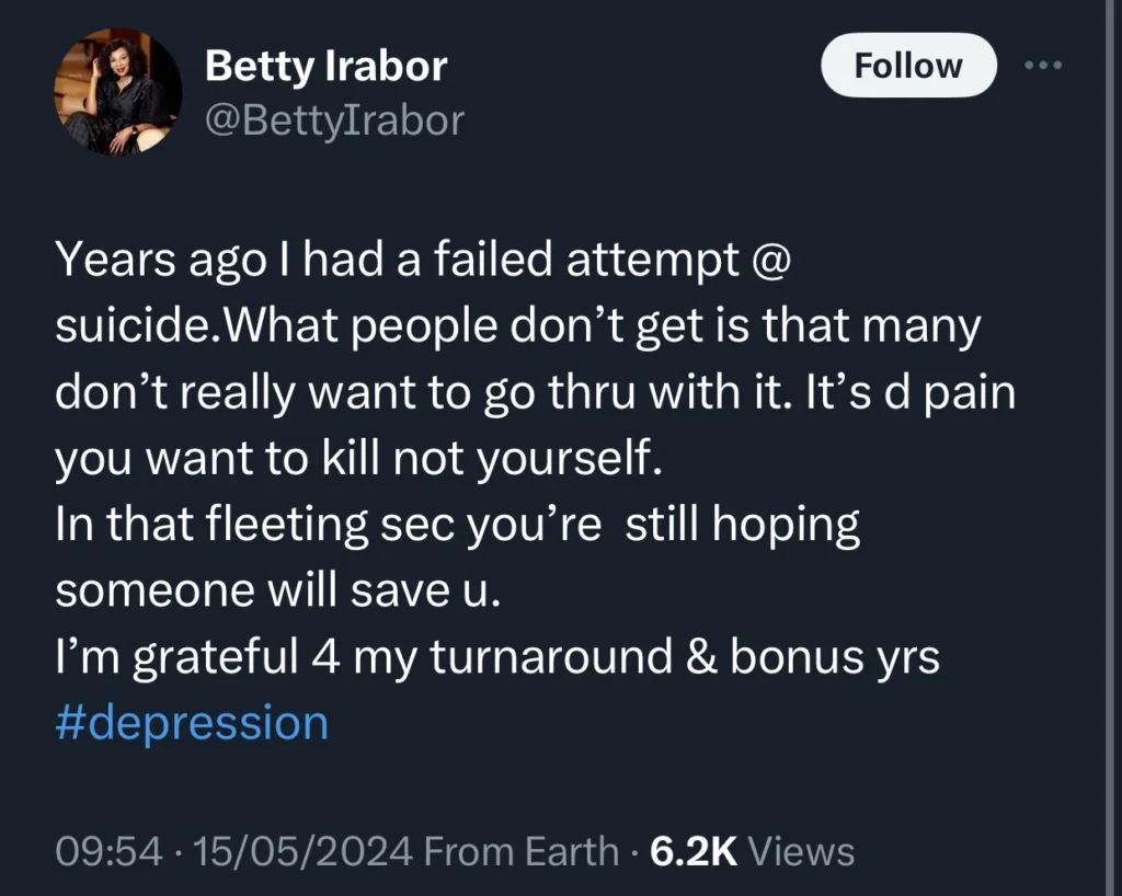 Betty Irabor opens up on her unsuccessful suicide attempt