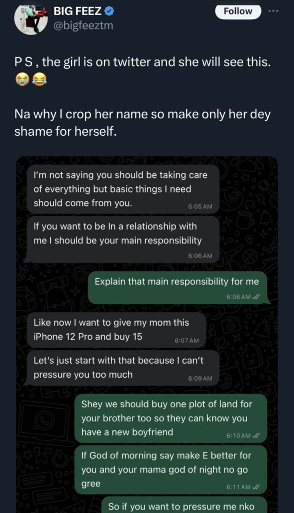 Man shares chat screenshot with over demanding lady he wanted to date