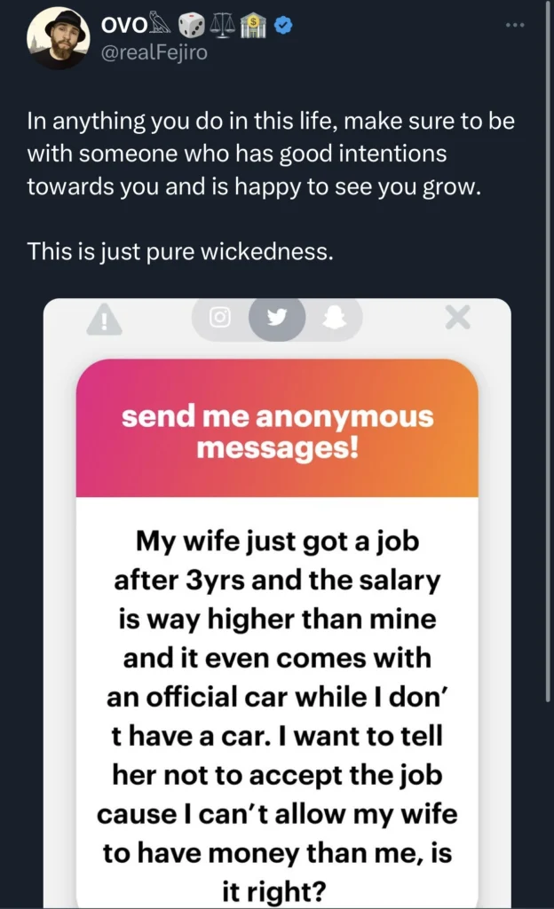 Man in pain as wife gets better paying job, seeks advice online