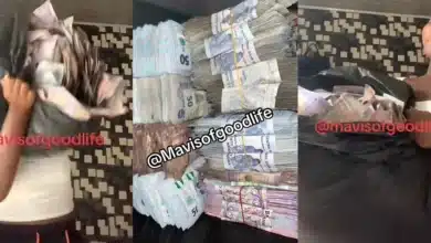 Lady stuns many as she flaunts pile of money she picked at the club