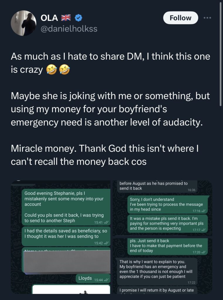 Man left wowed after friend spends his £1k he mistakenly sent to her account