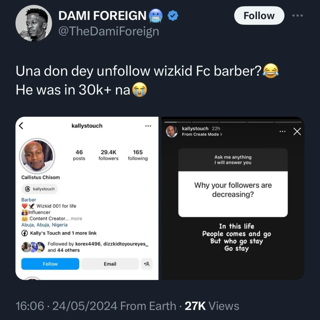 Fans of Davido rejoice as viral Abuja barber loses Instagram followers