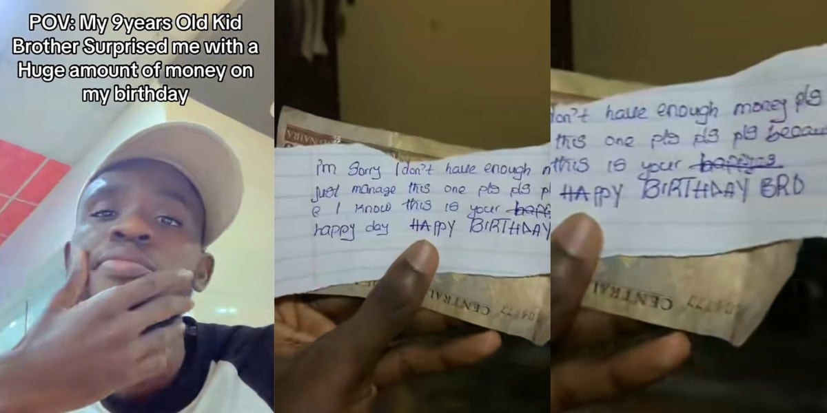 Elder brother's emotional reaction to 9-year-old's ₦1k gift, sweet note on his birthday goes viral