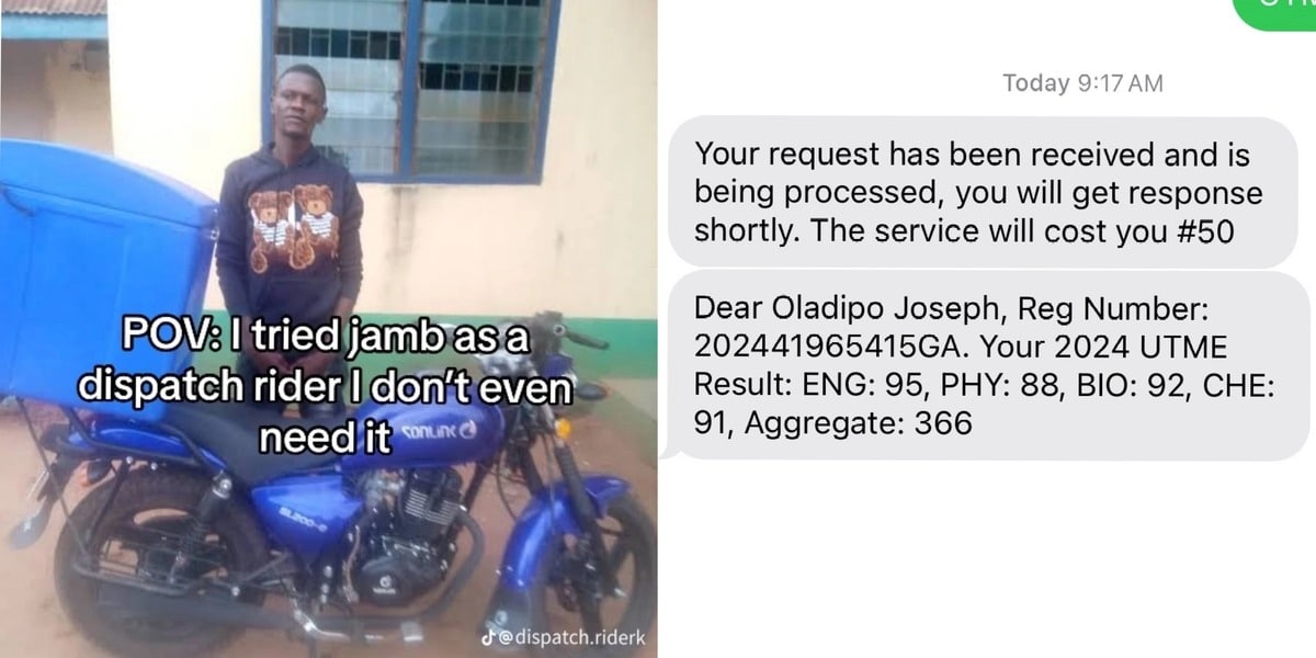 Dispatch Rider aces JAMB exam with flying colors, scores 366