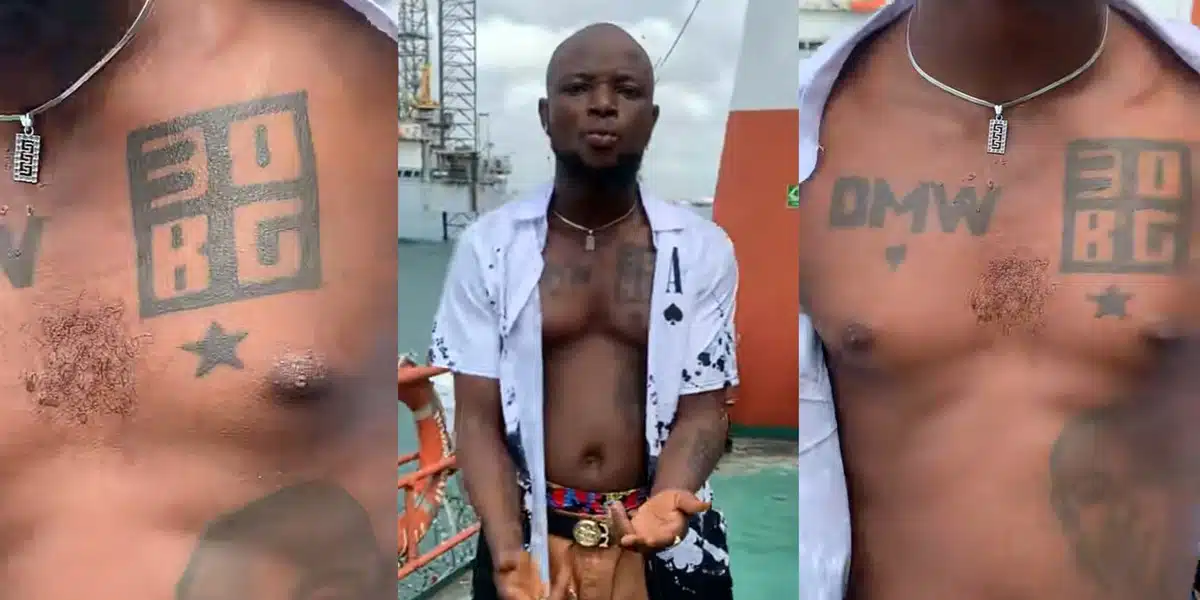 Nigerian man gets Davido's face permanently tattooed on his stomach, 30BG, and DMW on his chest