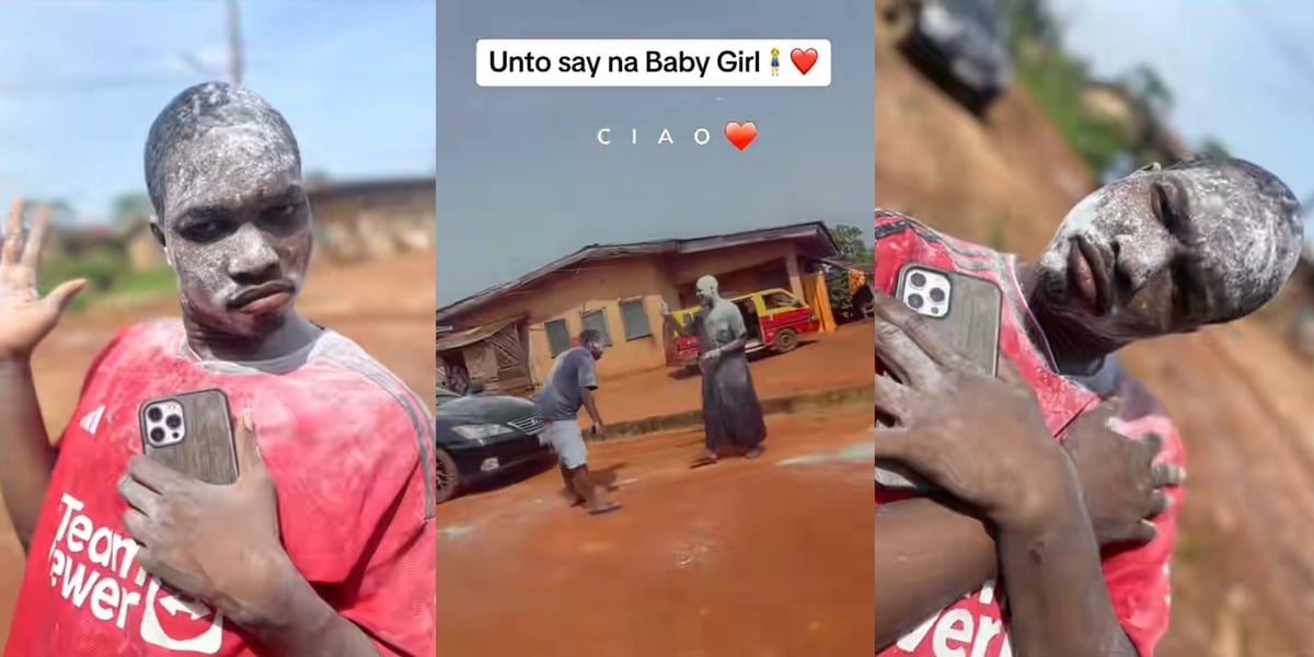 Nigerian father, friends, and neighbors celebrate birth of baby girl with street dance and powder bath