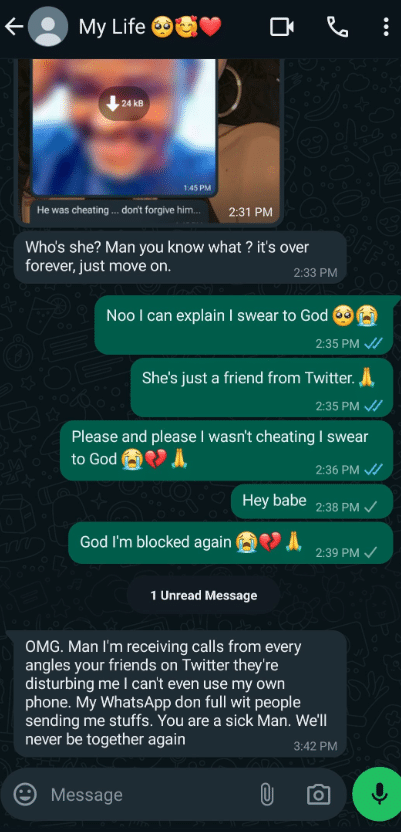 Man whose girlfriend suspects him of cheating cries out as she blocks him everywhere, posts her number online, asks Nigerians to beg her