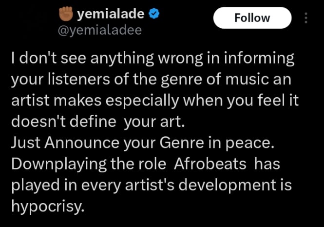 Yemi Alade criticizes artists who downplay the Afrobeat genre 