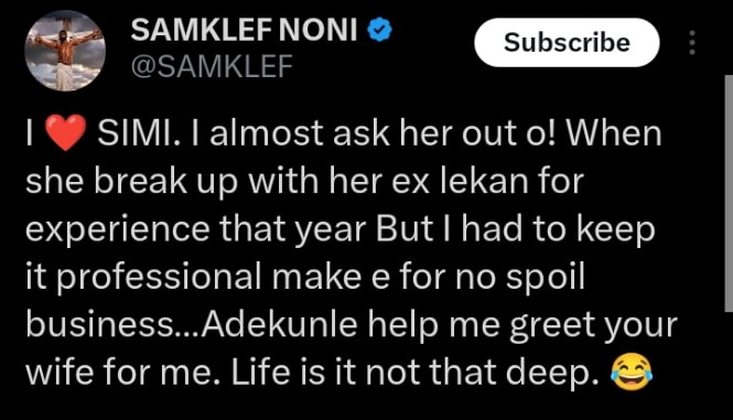Samklef recounts nearly requesting to date Simi, tags her ungrateful