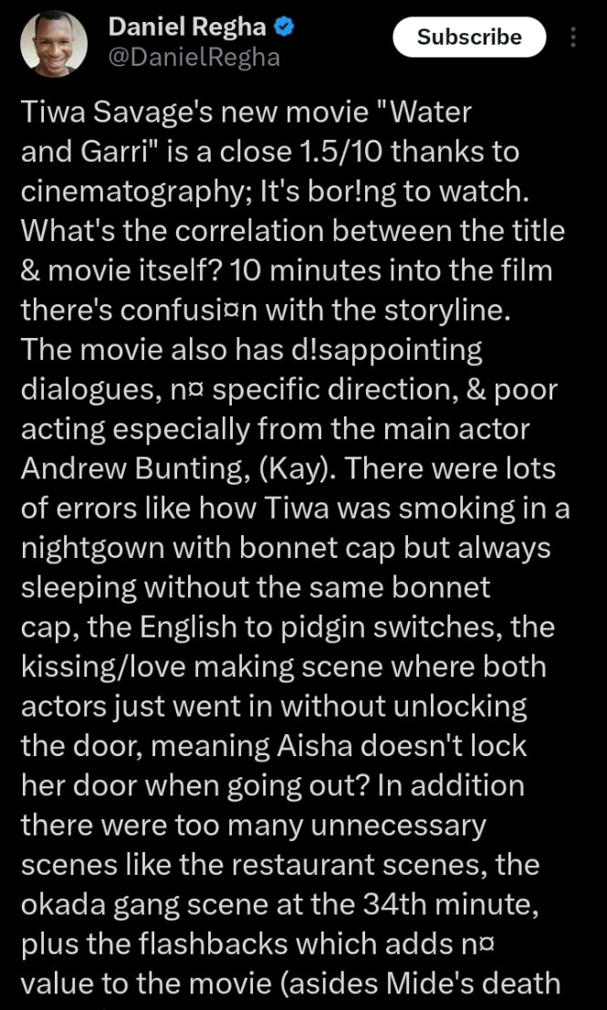 Daniel Regha criticizes Tiwa Savage's movie, gives it 1.5/10 rating