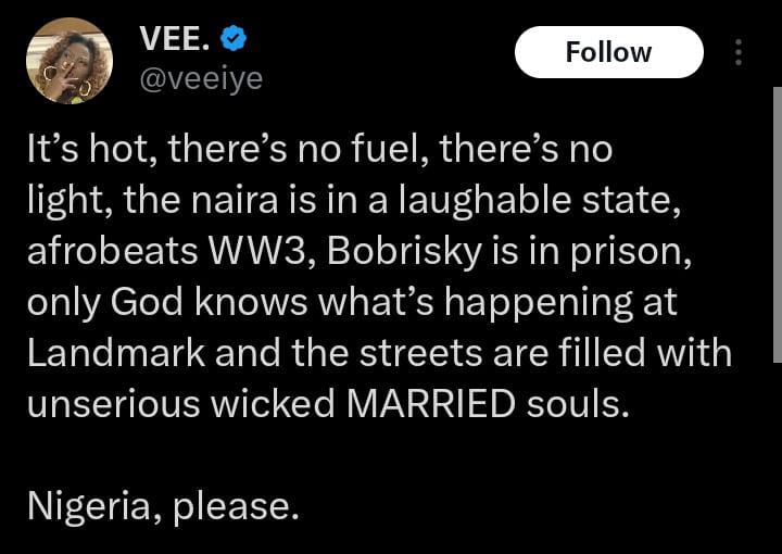 Vee Iye laments over trending issues in Nigeria