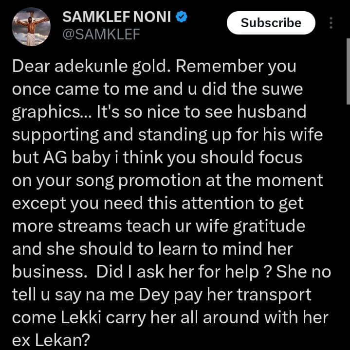 Samklef replies Adekunle Gold, urges him to instill gratitude in wife, Simi