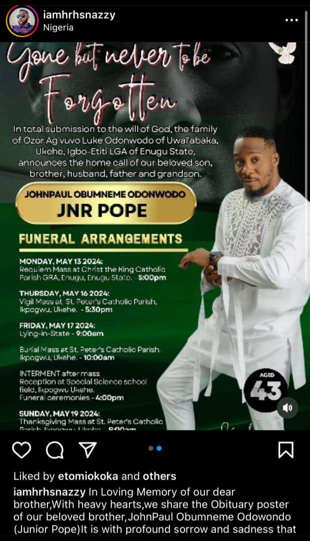 Junior Pope's family unveils official burial arrangement, adds 'husband' to poster