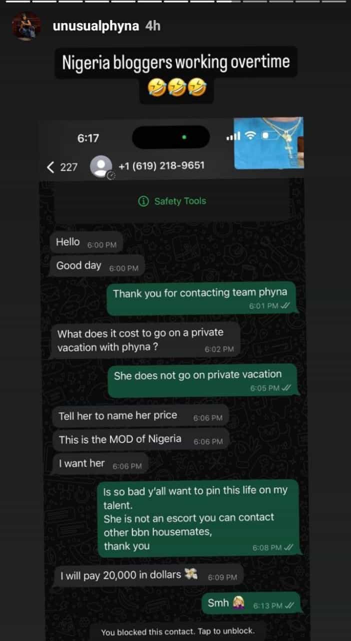 Phyna leaks screenshots of juicy offer she got from secret admirer