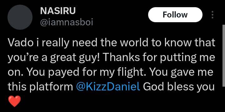 Nasboi pens appreciation to Kizz Daniel for opportunity to perform in London