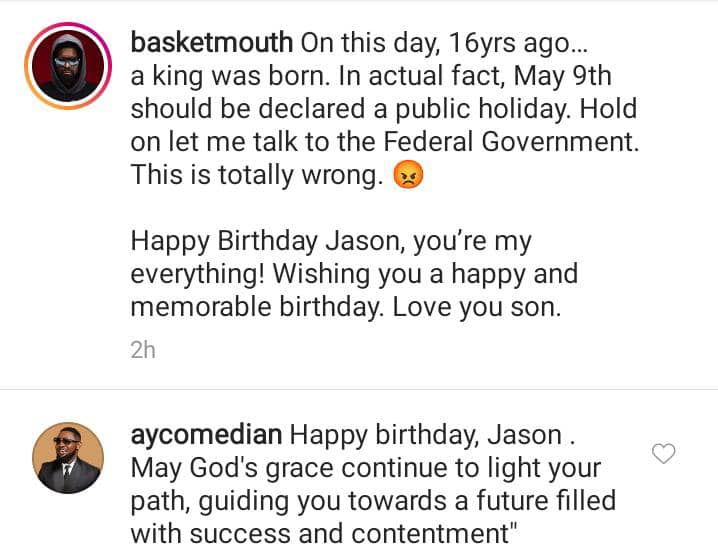 Basketmouth celebrates son's 16th birthday, AY Makun reacts