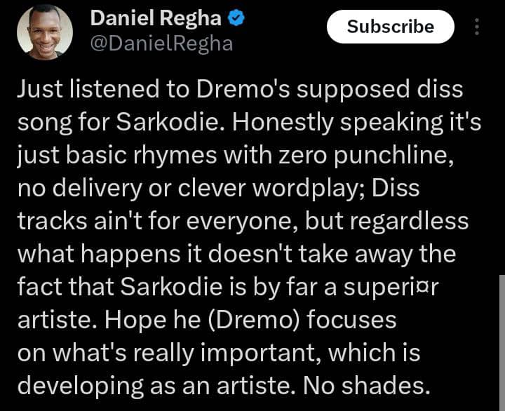 Daniel Regha blasts Dremo for dissing Sarkodie