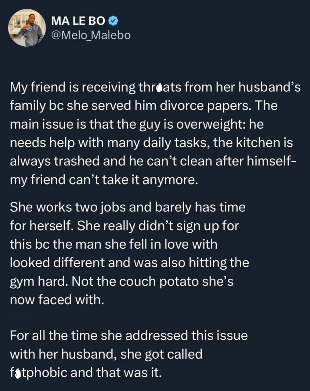 Drama as woman seeks divorce over husband's weight gain, refusal to gym