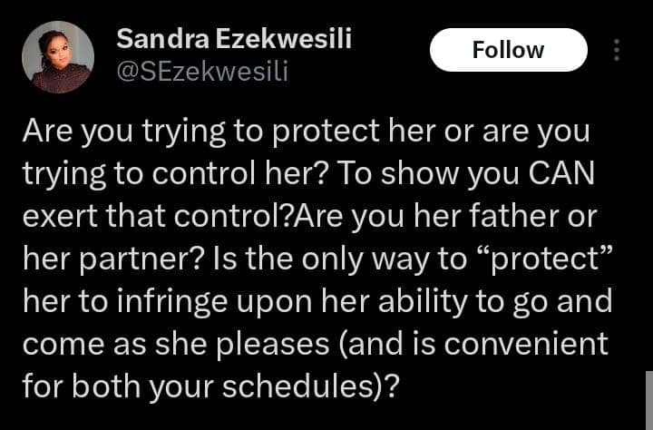 Sandra Ezekwesili enlightens women, asserts no man has right to forbid them from going out