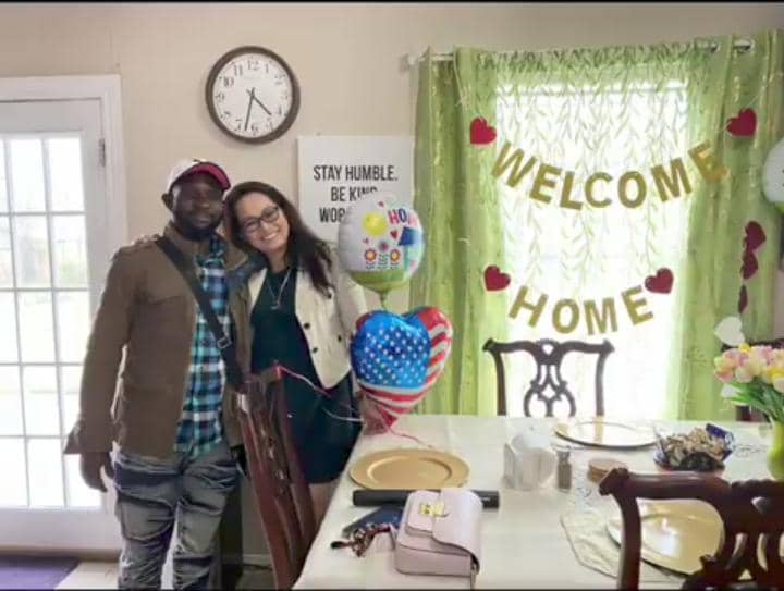 Romantic moment Oyinbo woman specially welcomes her Nigerian husband home