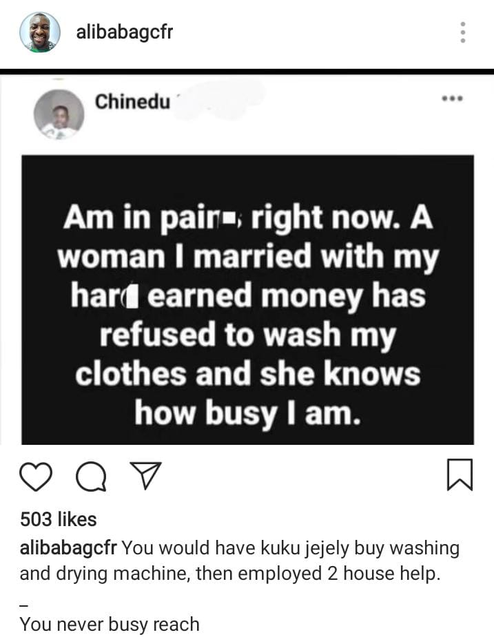 Alibaba slams man who complained about wife's refusal to wash his clothes