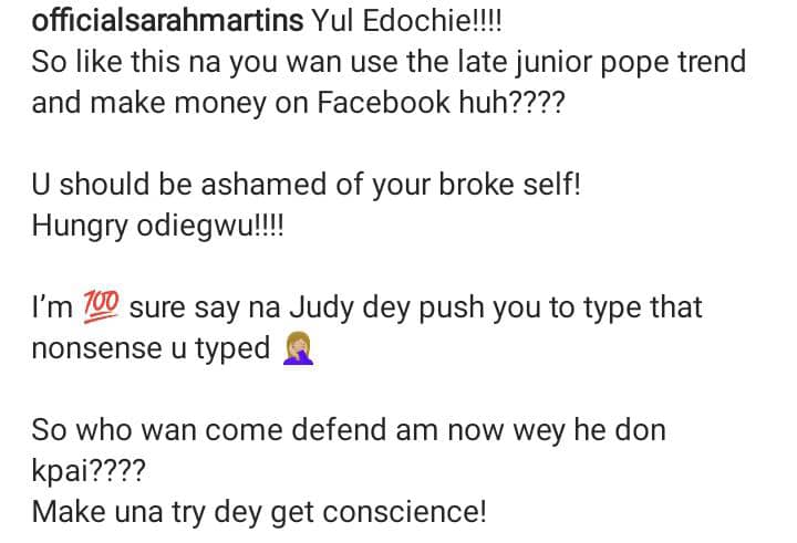 Junior Pope: Sarah Martins blasts Yul Edochie over claims of betrayal