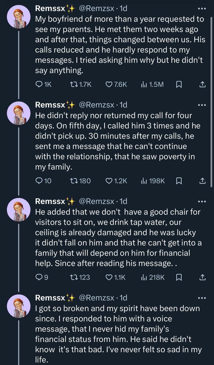 Lady depressed as boyfriend ends relationship after meeting her parents