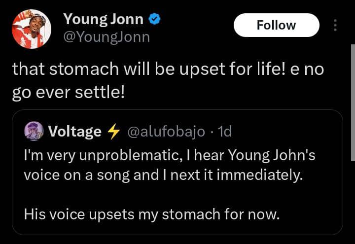 Young Jonn replies troll claiming his voice causes stomach upset