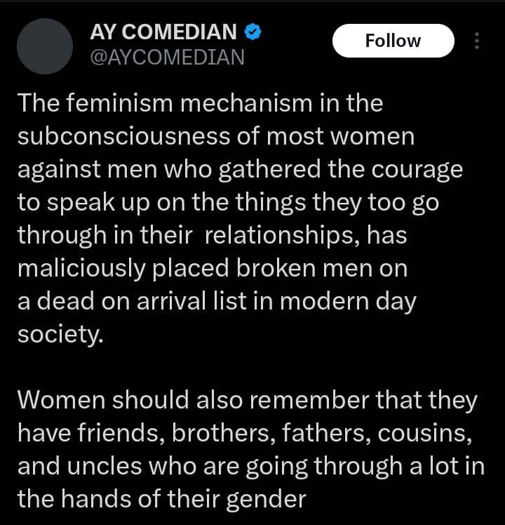AY Makun sparks reactions as he speaks on feminism