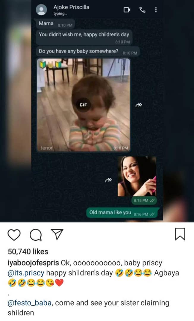 Iyabo Ojo reacts as daughter, Priscilla queries her over Children's Day snub