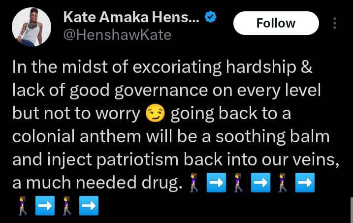 Kate Henshaw reacts to reinstatement of former national anthem