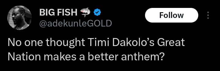 Adekunle Gold rates Timi Dakolo's song, 'Great Nation' over reinstated national anthem