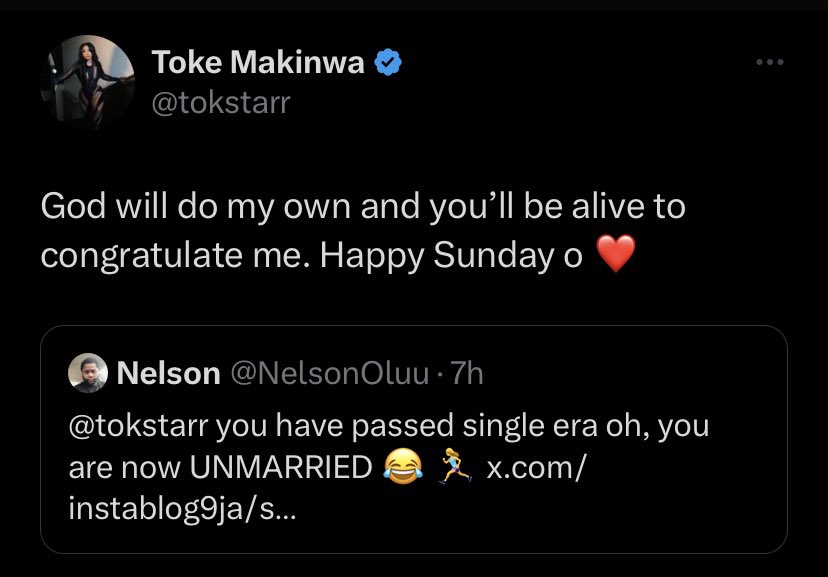 Toke Makinwa replies troll who mocked her for being unmarried at 39