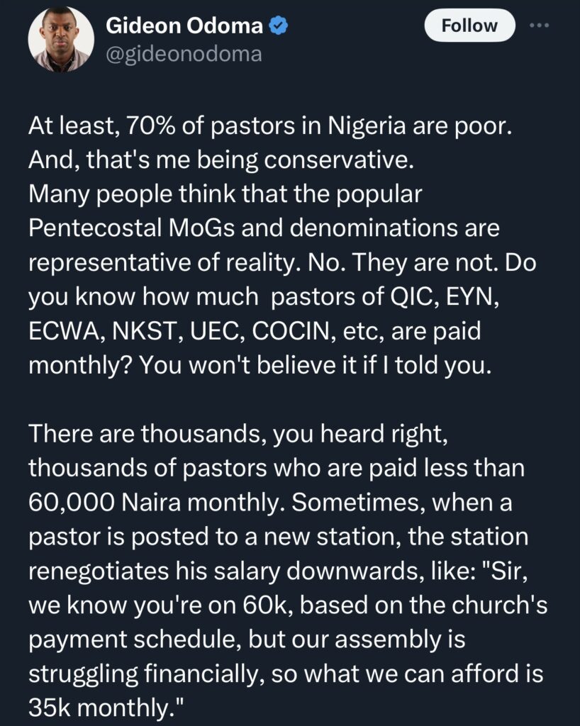 Pastor Gideon Odoma reveals that a lot of pastors in Nigeria are poor