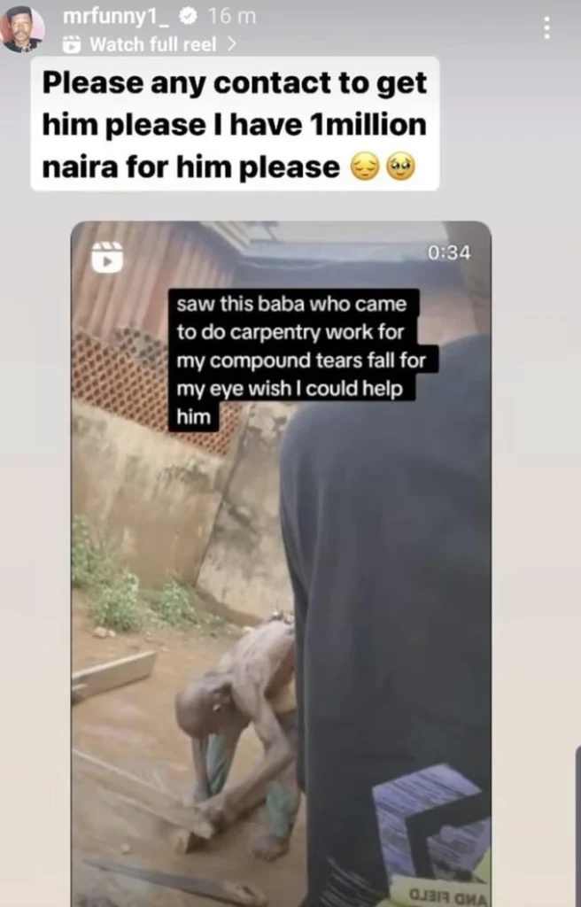 Sabinus melts hearts as he offers to give N1 million to elderly carpenter