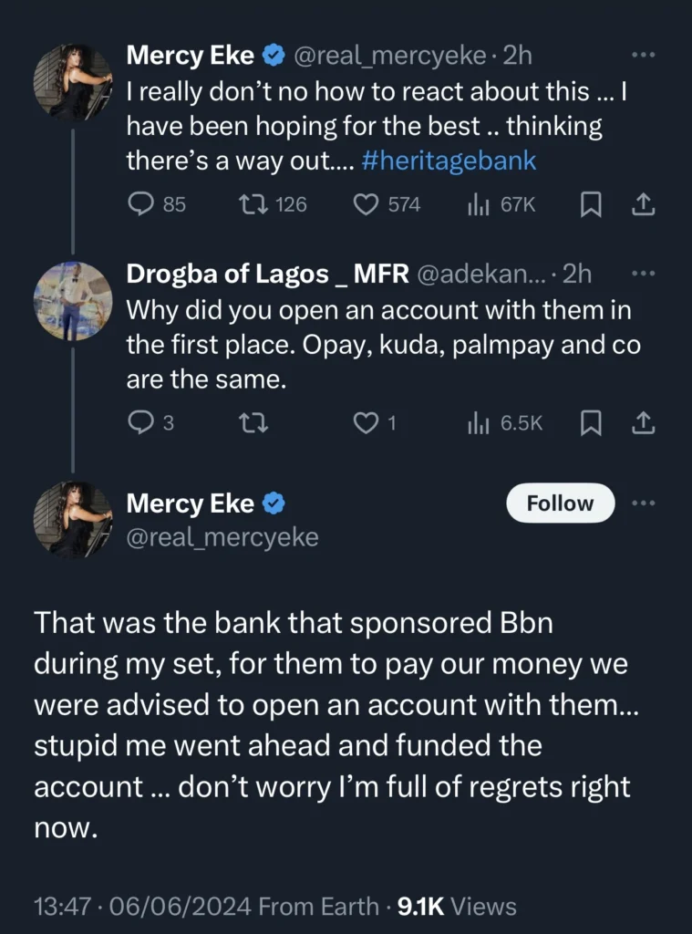 Mercy Eke laments Heritage bank’s shutdown, reveals she has millions in her account