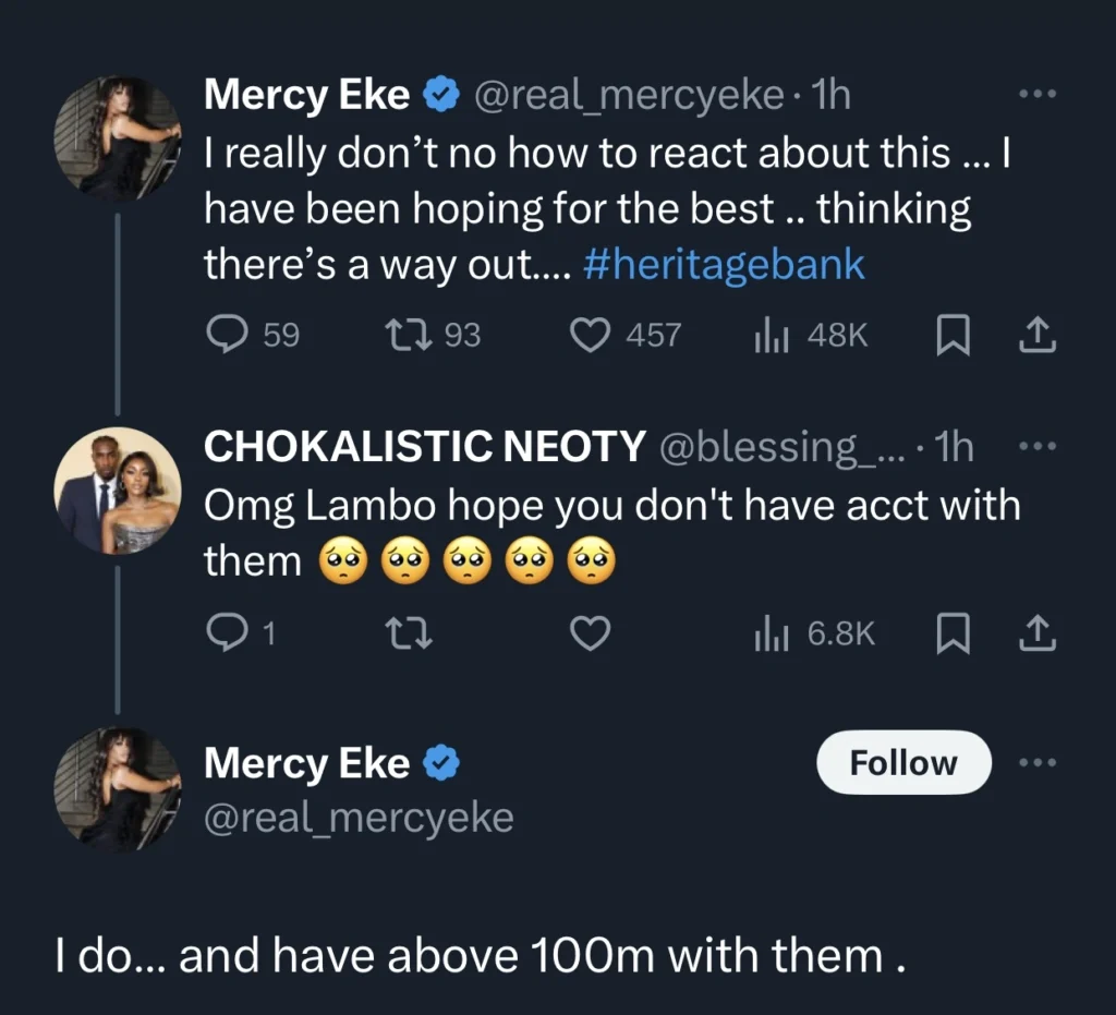 Mercy Eke laments Heritage bank’s shutdown, reveals she has millions in her account