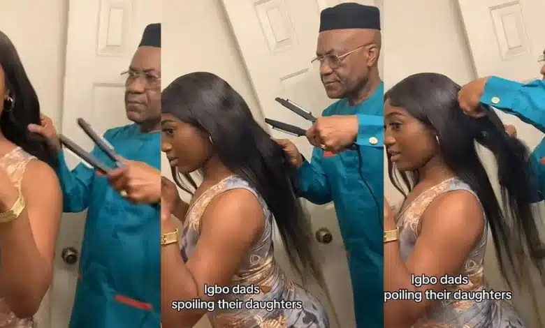 Emotional moment father helps his daughter stretch her hair